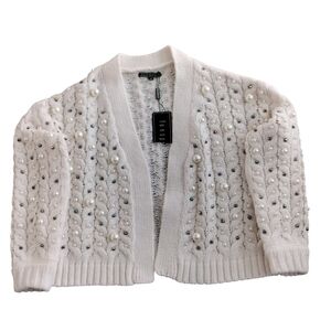 Funsport White Pearl Embellished Cable Knit Cardigan Sweater Womens Size S New